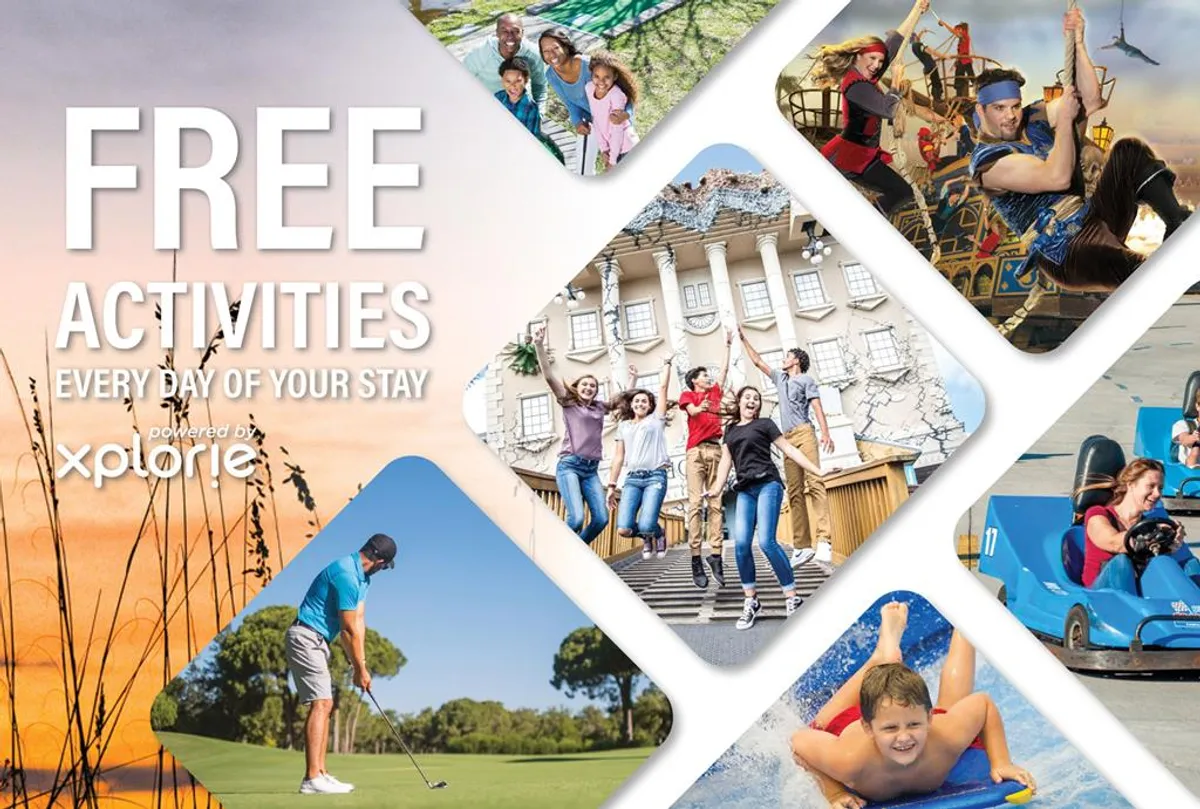 A lively collage of families participating in a range of outdoor and adventure activities, from golfing and water rides to themed outings. The image radiates joy and togetherness, showcasing the variety of fun-filled options available to guests.