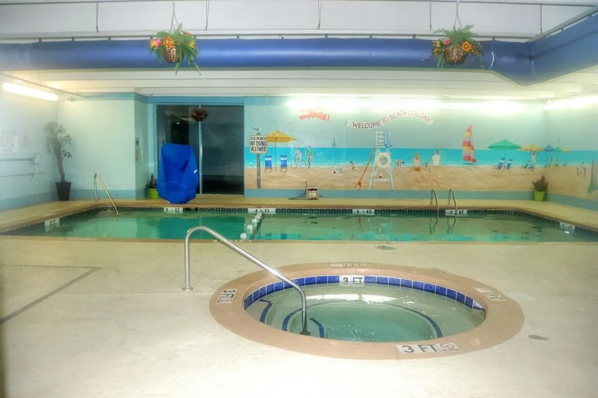 A bright, tranquil indoor pool area featuring both a swimming pool and a jacuzzi. The space is decorated with a playful beach mural and lush potted plants, creating a relaxing retreat rain or shine.